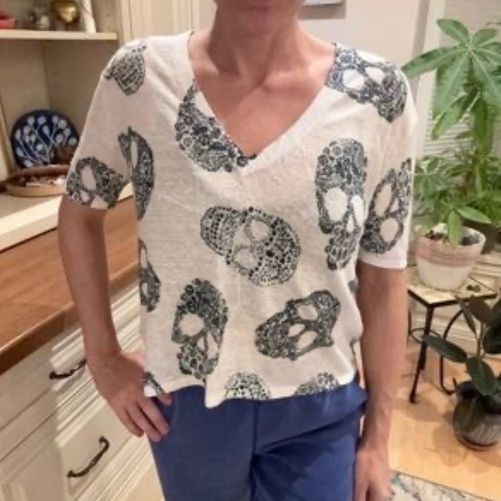 New Skull Cashmere White/Charcoal RUMA Linen Skull BOHO Top Size L - Picture 4 of 15